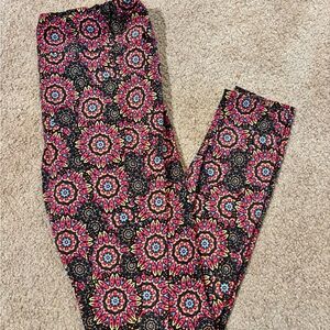LuLaRoe Leggings Black with Pink, Blue & Yellow Medallion Print